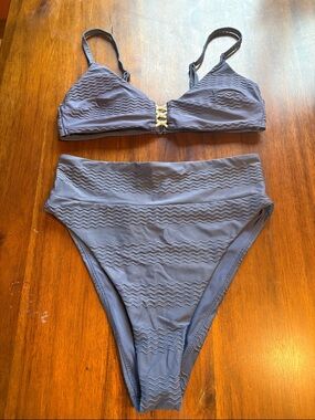 aerie Slate Blue Wave-Texture High-Waist Bikini Set